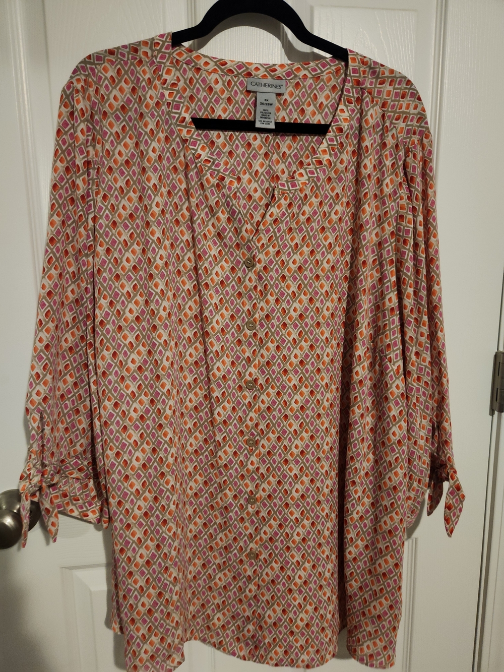 Catherines Printed Button-Front Blouse in Coral Multi